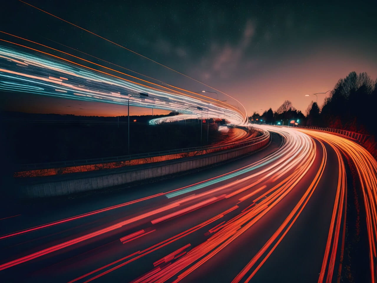 Highway lights with red colours at sunset